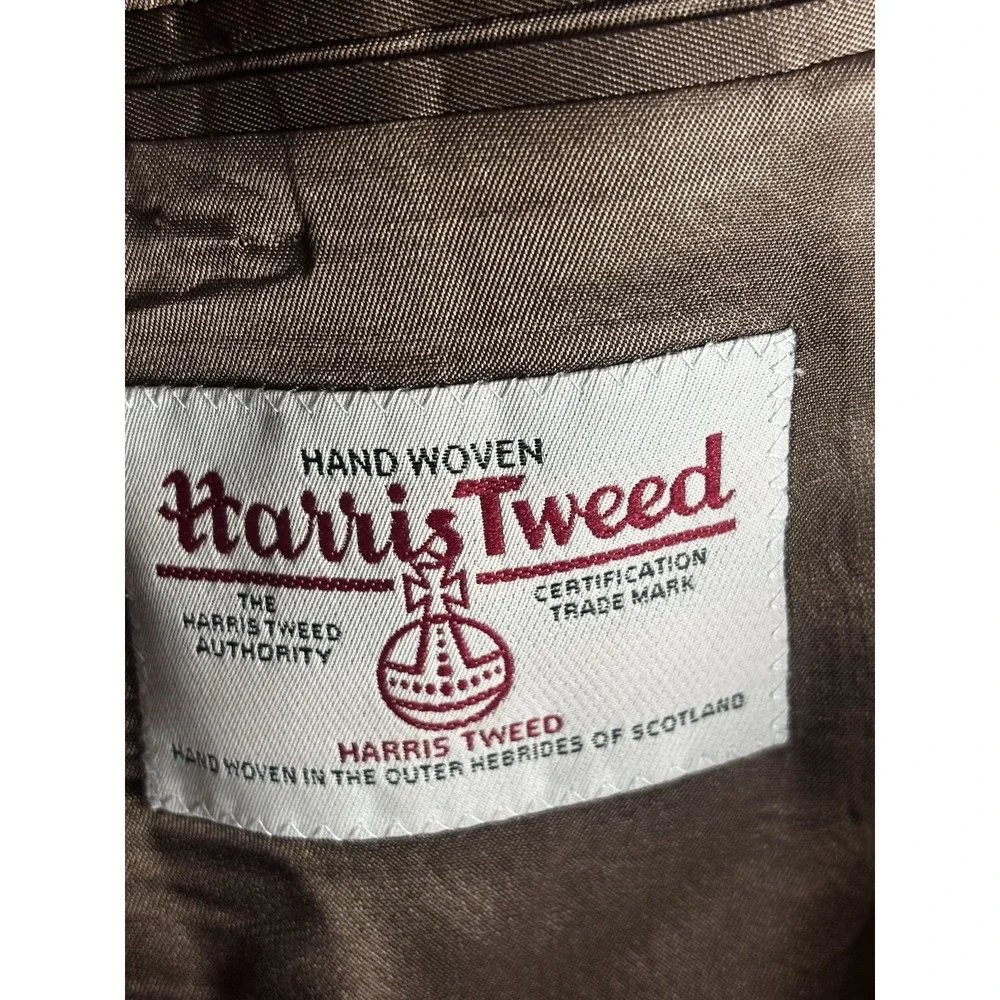 Harris Tweed Jos A Bank Brown Herringbone Blazer Men's 44L Wool Leather Buttons*